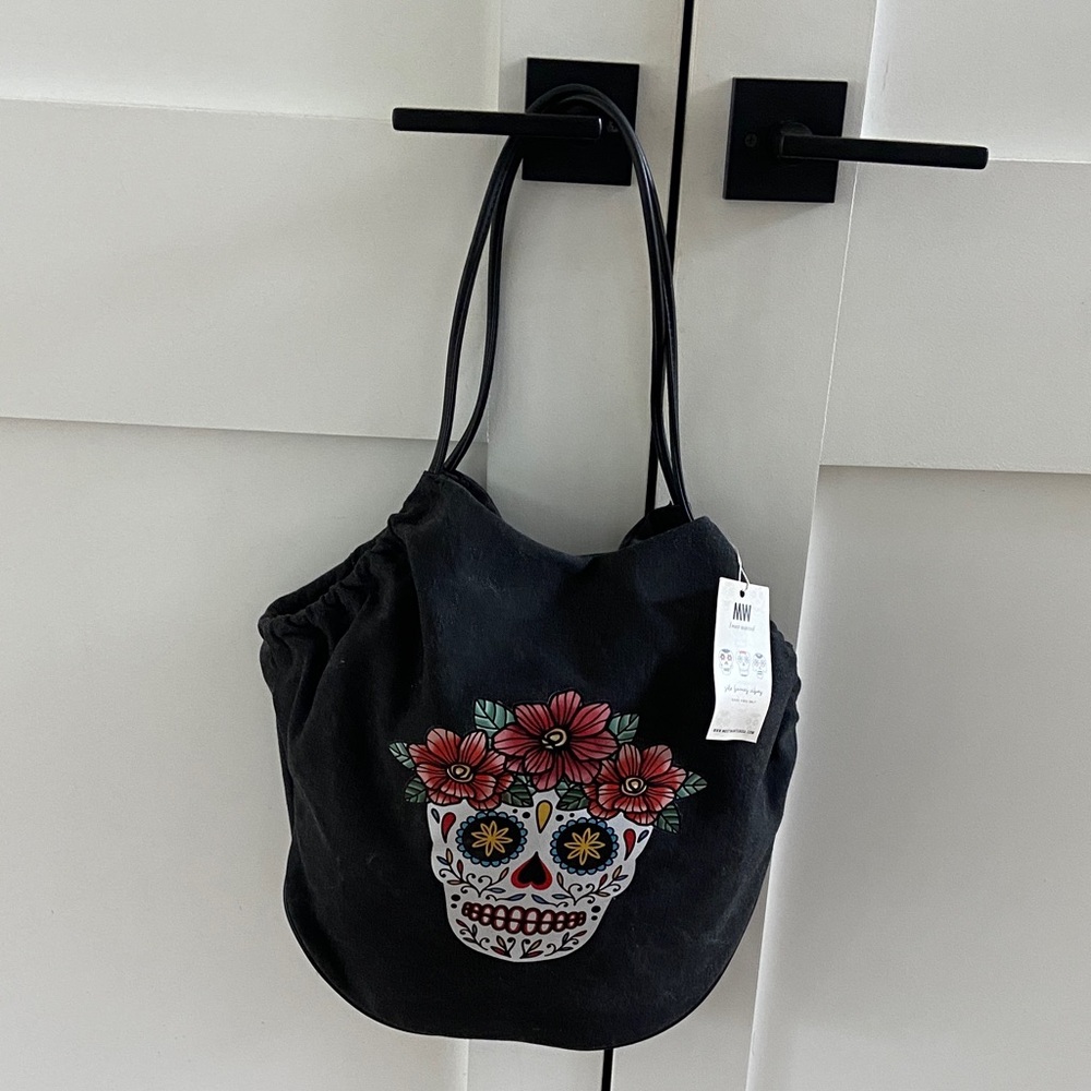 Embroidered Floral Skull Black Tote Bag
